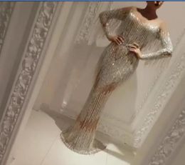 Evening dress women cloth Tassel Mermaid Sweetheart Long sleeve Silver Crystal Kim kardashian Kylie jenner Yousef aljasmi