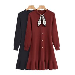 Winter Autumn Long Sleeve Red Black Short Mini Dress Knitted Button Bow Elegant Chic D2124 210514