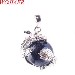 WOJIAER Dragon Stainless Pendant Gothic Handmade Men Jewelry Round Natural Blue Sand Gemstone Ball N3138