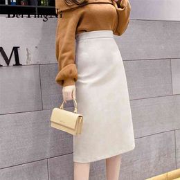 Black High Waist Skirts Womens Solid Colour Split Vintage Autumn Winter Thick A Line Wrap Zipper Office 210506