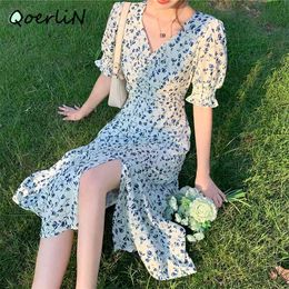 Casual Summer Female Long Dress Flower Short Lantern Sleeve Women V-neck Vintage Vestidos QEN006 210601