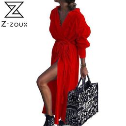 Women Dress Temperament Vintage Long Sleeve Split Lace Up Maxi es Loose Casual Shirt es Autumn 210524