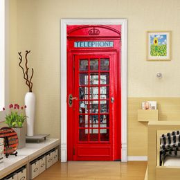 Home Decor Modern Print 3D Canvas Telephone Booth Picture DIY Art Door Sticker Canvas Picture Waterproof Wallpaper Self Adhesive 210317