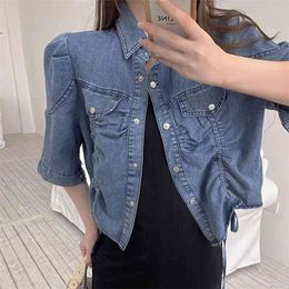 Korea Summer Fashion Turn-down Collar Single Breasted Puff Sleeve Short Denim Jacket Casual Women Ruched Chic Top Femme 210519