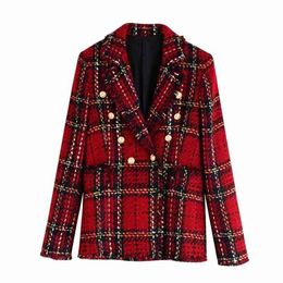 Vintage Women Red Plaid Coats Fashion Ladies Woollen Double Breasted Jackets Elegant Female Chic Notched Collar Blazers 210430