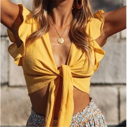 Lace Up Crop Top Women Short Flying Sleeve 2021 Summer Boho V Neck Tied Cropped T-Shirts Beach Matching Tees Clubwear X0507