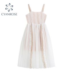 Sleeveless Vestidos High Waist Sweet Women's Dress Fashion Summer Lace Mesh Square Collar Female Causal Long SumDresses 210515