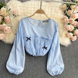 Women Fashion Round Neck Wave Dot Contrast Colour Bow Fold Float Chiffon Shirt Clothings Blouse and Tops R724 210527