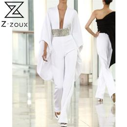 Women Jumpsuit Deep V Neck Flare Sleeve Long Rompers Womens Sequined Spliced Temperament s XL 210513