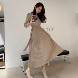 Knitted Belt Long Sleeve Dress Women Slim Big Swing Korean Elegant Fall Winter Button V Neck Sweater Midi Ribbed 210529