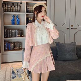 DEAT Women Tweed Jacket Pleated Asymmetrical Skirt Short Two Piece Set Fashion Temperament Spring Summer 11D1718 210709