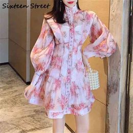 Dress For Woman Floral Printed Single-breasted Vestidos Ladies Elegant Vintage High Waist Pink Dresses Female Spring 210603