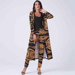 Summer Women 2 Pieces Set Vintage Palazoo Print High Waist Elastic Pants Long Sleeve Open Front Coat Homewear Business Suit 210709