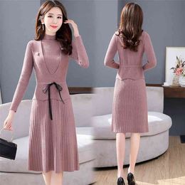 Autumn Winter Ladies Sets Korean Style Long-sleeved Pure Color Knitted Dress Slim Sweater Vest Dresses GX763 210507