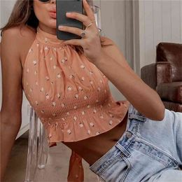Casual Woman Orange Print Halter Tops Summer Girls Y2K Backless Crop Vest Female Cute Lacing Beach 210515