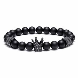 Men's 8mm Black Matte Onyx Bracelet with Crown King Charm & Skull Head Black Agate with Hematite Spacer Bracelet Set