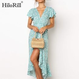 HiloRill Summer Beach Long Women Dresses Floral Print Boho Dress V-Neck Slit Bodycon Wrap Maxi Party Dress Ruffle Robe Femme 210325