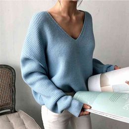 v neck knitted sweater pullovers women vintage basic casual office ladies white streetwear korean oversized 210427