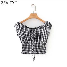 Zevity Women Fashion Slash Neck Plaid Print Hem Elastic Slim Short Smock Blouse Female Bow Tied Shirts Chic Cropped Tops LS9153 210603