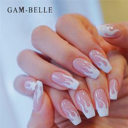 GAM-BELLE 24 Pcs French Fake Nails Glossy Rose Pink Long Ballerina Coffin UV Gel Glue Beauty Wearable Nail Extension Tips Tools