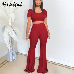 Tracksuit Women Sets Plus Size Two-piece Suit Summer Solid Short Sleeve Crop Top and Flare Pants Set Outfit Women's Clothing 210513