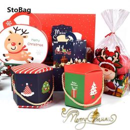 StoBag 10pcs Handle Paper Box Santa Claus 12x10cm Year Gift Candy Chocolate Supplies Red Celebrate Decoration Packaging Box 210602