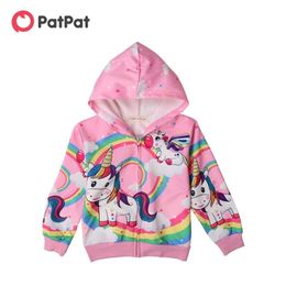 Spring and Autumn Cute Unicorn Print Long-sleeve Hooded Coat Kids Girl Jackets & Coats Clothes 210528