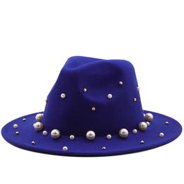 Spring Autumn Women Wide Brim Faux Wool Felt Top Hat Pearl Decoration Jazz Party Wedding Tan Fedora Hats for Ladies