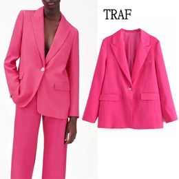 TRAF Za Women Blazer Fashion Office Ladies Jackets Coat Female Rose Red Long Sleeve Loose Single Button Girls Chic 211006