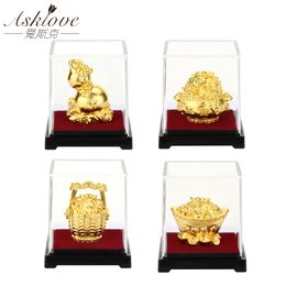 Fengshui Decor Gold Leaf Treasure Bowl Gourd Lucky Fortune Wealth Crafts Gold Ingot Lucky Yuanbao Auspicious Gifts Home Decor 210318