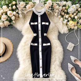 Fashion Knitted Dress Women Sleeveless Vintage Bodycon Dresses Single-breasted Knit Elegant Knee Length Vestido Summer Robe 210521