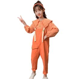 Girls Clothes Plaid Blouse + Jumpsuit Girl Teenage Kids Spring Autumn Tracksuit 6 8 10 12 14 210528