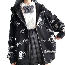 Vintage Windbreaker Hoodie Pocket Sweatshirt Clothes Women Fashion Zip Up Cute Bear Hoodies Autumn Coat Loose Harajuku Top 210805