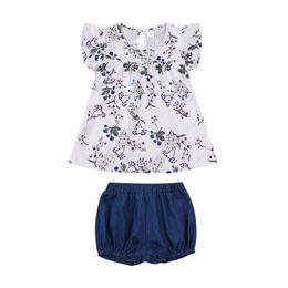 1-5Y Summer Vintage Flower Kid Baby Girl Clothes Set Ruffles Vest Tops Shorts Outfits Costumes 210515