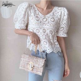 Streetwear Summer Tops Women Floral Puff Sleeve Shirt Female Hollow Out White Pullover Lace Blouse Blusas 9684 210508