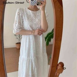 White Solid Vintage Summer Dress Woman Clothing O-neck Hollow Out Elegant Vestidos Chic Korean Loose Long Dresses 210603