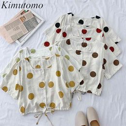 Kimutomo Polka Dot Blouse Women Summer Short Shirt Female Square Collar Korean Puff Sleeve Bow Lace-up Tops Casual 210521