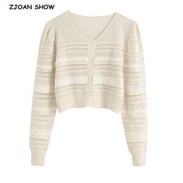 Retro Spliced Lace Striped Line Single-Breasted Buttons Long sleeve Sweater Women French Knitted Cardigan Cropped 210429