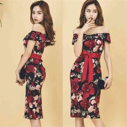 OL off shoulder korean ladies elegant print ruffle retro flower bodycon Party Dresses for women china clothing 210602