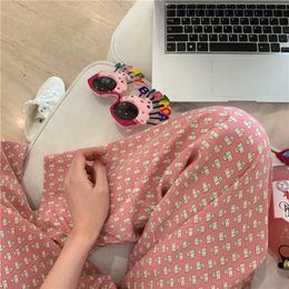 Wide Leg Pants Women Cute Sweet Cartoon Fruits Print Home Clothes Black Orange Pink Casual Women's Loose Pants Q0801