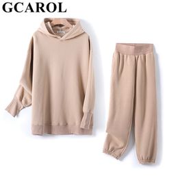 GCAROL Fall Winter Women Long Hooded Suits 80% Cotton Fleece Oversized Boyfriend Sweatshirt Elastic Waist Harem Pants Sets 210709