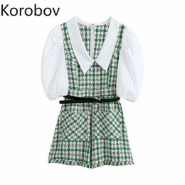 Korobov Summer New Women Jumpsuits Vintage Turn-Down Collar Puff Short Sleeve Playsuits Korean Plaid Patchwork Clothing 210430