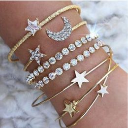 Korean New Fashion 4pcs/set Gold Matel Shining Crystal Rhinestone Moon Star Bangle Charming Cuff Bracelets Women Jewelry Q0719