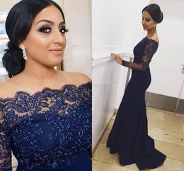 Navy Blue Lace Mermaid Evening Dresses Arabic Off Shoulder Appliques Beaded Long Formal Prom Party Gowns Vestido De Festa