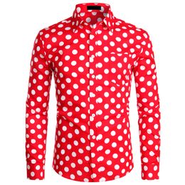 Fashion Red Mens Polka Dot Shirt Casual Button Up Dress Shirts Men Chemise Homme Party Club Male Shirts Garden Point Top