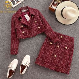 Autumn Winter Women Gold Double-breasted Tweed Short Jacket Coat + Bodycon Skirt Suit Tassels 2PCS Clothing Set Red Plaid Suit 211119