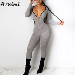 Sexy Female Jumpsuit Romper Long Sleeve Overalls for Women Hooded Hollow Out Bodycon Bodysuit Autumn Body Suits 210513