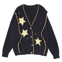 Black Sweater Sequined Pentagram Embroidery Beading Long Sleeve V Neck Single-breasted Cardigans Section Autumn M0217 210514