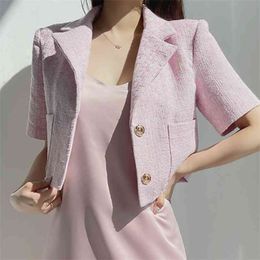 Korean Chic Sweet Elegant Tweed Jacket Coat Women Summer Vintage Crop Top Ladies Button Silm Short Coats Woolen Outwear 210514