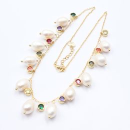 GuaiGuai Jewelry Freshwater Cultured White Rice Pearl Multi Color Cubic Zirconia CZ Pave Chain Necklace 18" Pearl Pendant For Women